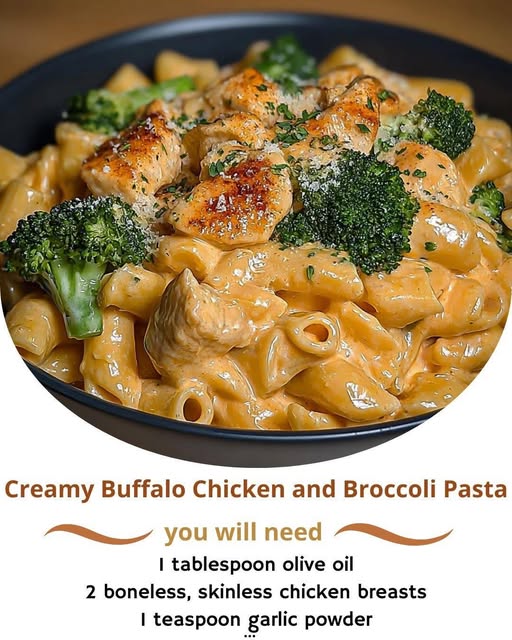 Creamy Buffalo Chicken and Broccoli Pasta A bold and comforting pasta dish featuring juicy chicken, tender broccoli, spicy Buffalo sauce, and a creamy, cheesy sauce. Ingredients 1 tablespoon olive oil 2 boneless, skinless chicken breasts, cut into bite-size pieces 1 teaspoon garlic powder