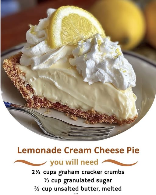Lemonade Cream Cheese Pie A tangy yet creamy no-bake pie combining lemonade, cream cheese, and graham cracker crust—perfectly refreshing! Ingredients 2½ cups graham