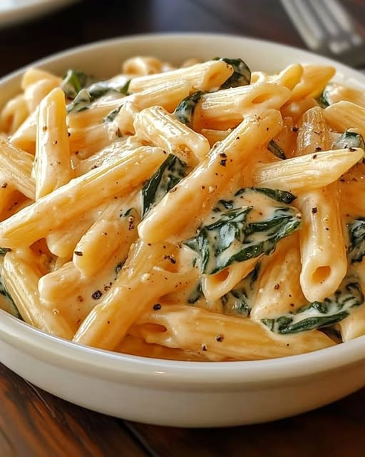 Creamy Penne Pasta with Spinach and Roasted Red Pepper Sauce