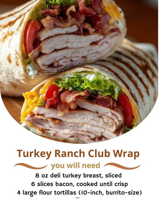Turkey Ranch Club Wrap Recipe A satisfying and easy-to-make wrap filled with lean turkey, crispy bacon, crunchy lettuce, juicy tomatoes, creamy ranch, and cheese—all rolled up in a soft tortilla. Ingredients 8 oz deli turkey breast, sliced (or leftover roasted turkey) 6 slices bacon, cooked until crisp 4 large flour tortillas (10-inch, burrito-size)
