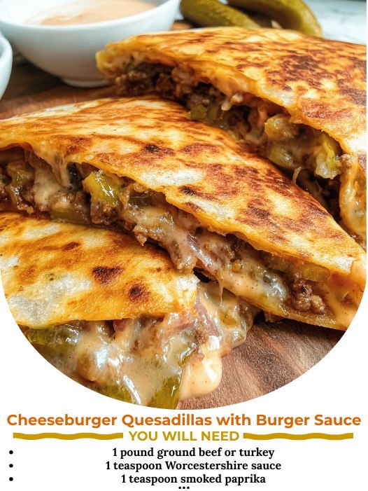 CHEESEBURGER QUESADILLAS WITH BURGER SAUCE Crispy, cheesy, and absolutely irresistible! These Cheeseburger Quesadillas are loaded with seasoned ground beef, melted cheese, and all your favorite burger toppings — grilled to golden perfection. Served with a creamy burger sauce for dipping, they’re the ultimate fusion of burger and quesadilla bliss!