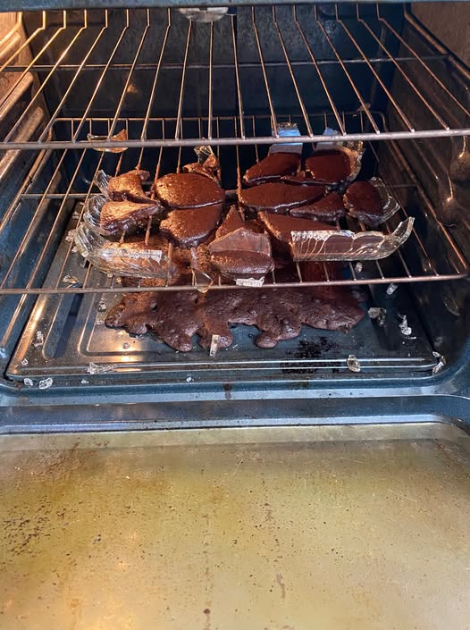 So here’s the story. I mixed up cake batter (from a box mix), put it in a preheated oven. In five minutes I smelled something burning. This is what I saw when I opened the oven. The glass shattered everywhere. The directions say it can be baked in either an aluminum pan or a glass pan. Anyone have an idea why this happened. Yes, the glass pan is pretty old but has been used (successfully) often.